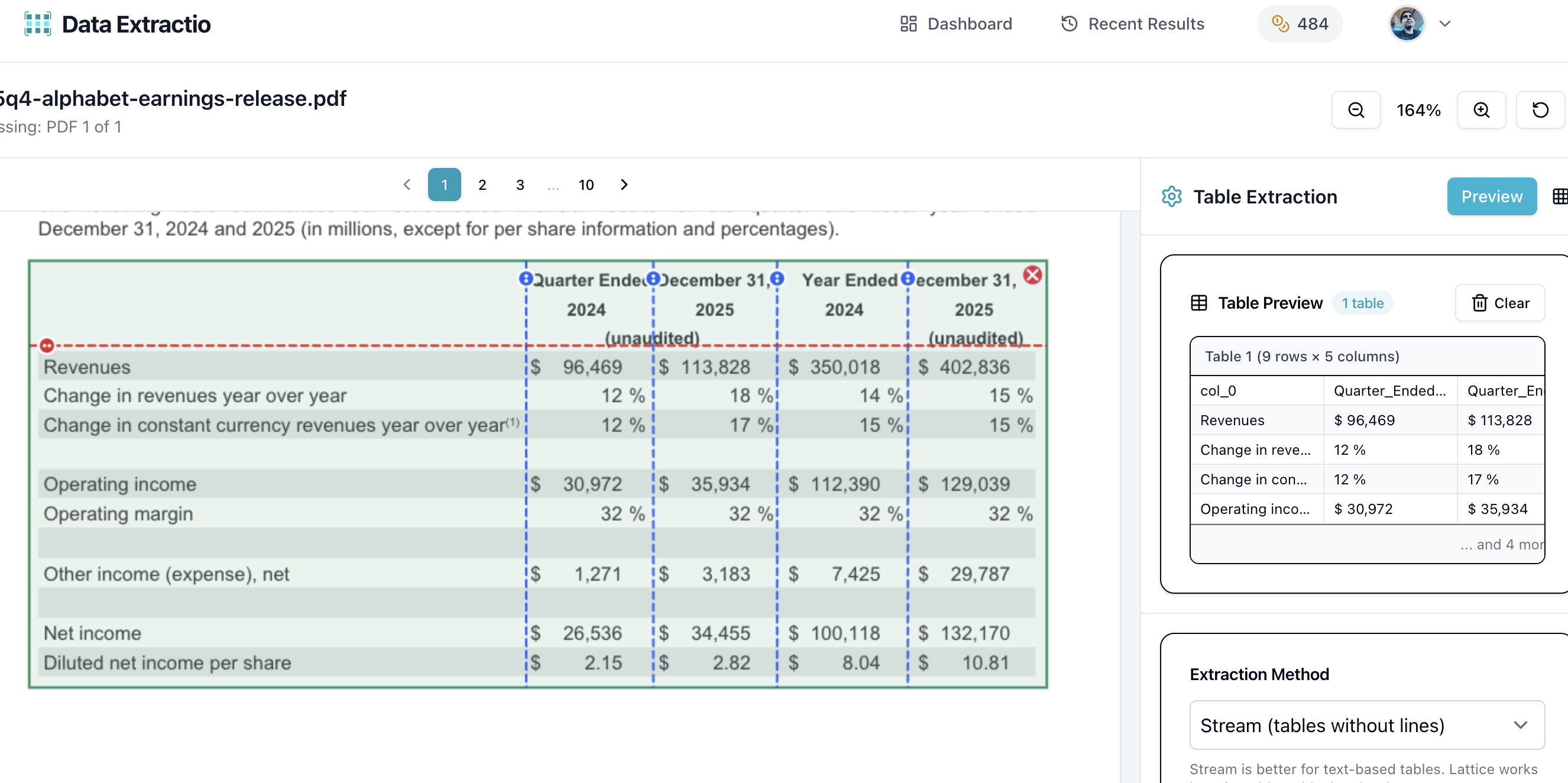 Data Extractio PDF viewer with table area selected and extraction preview