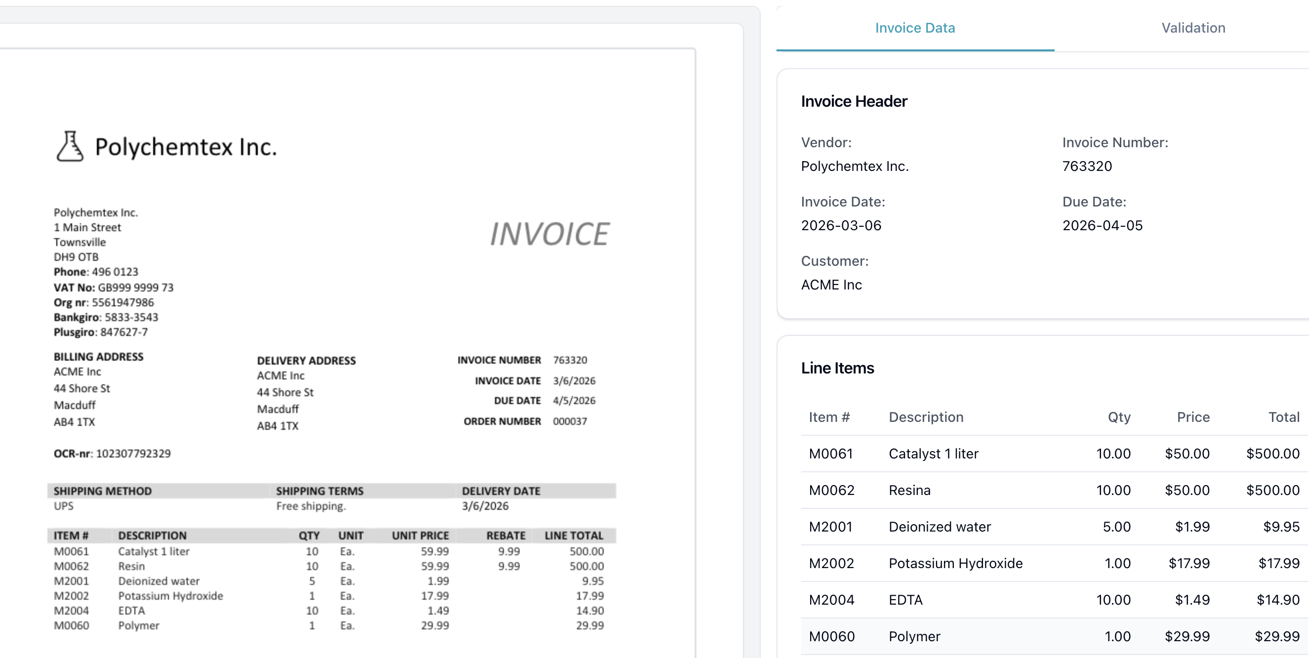 Data Extractio AI invoice extraction showing structured header, line items, and totals