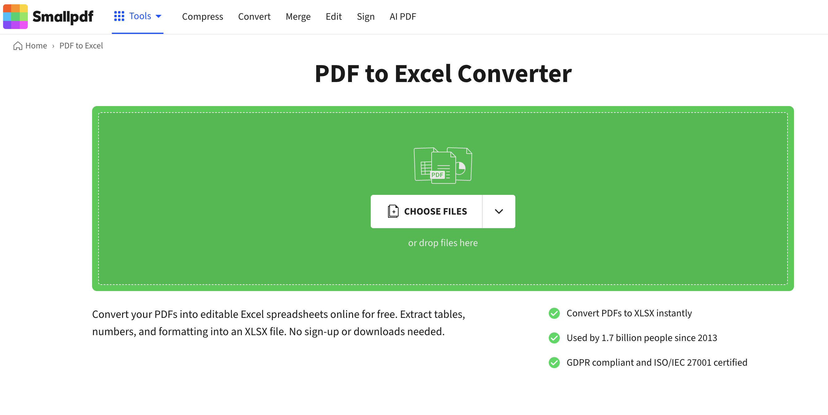 Smallpdf upload interface for PDF to Excel conversion